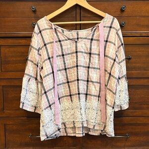 Lane Bryant Pink Plaid Lace Trim Tunic Top Plus Size 14/16 Boho Cottagecore EUC